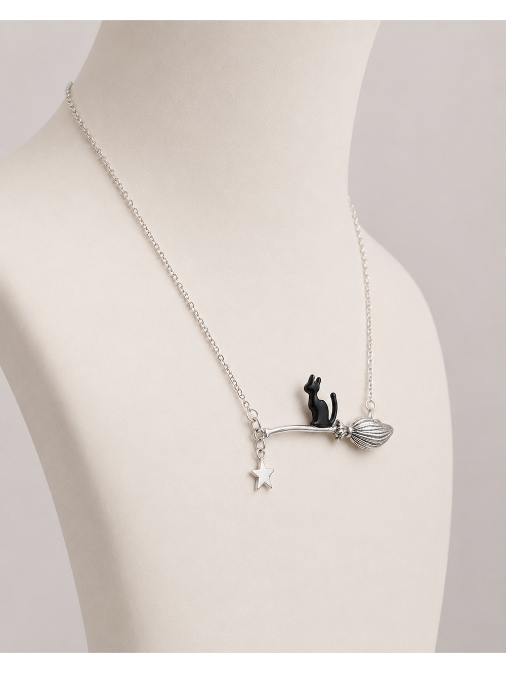 Witchy Black Cat Broom & Star Stainless Steel Necklace - Picture 3 of 8